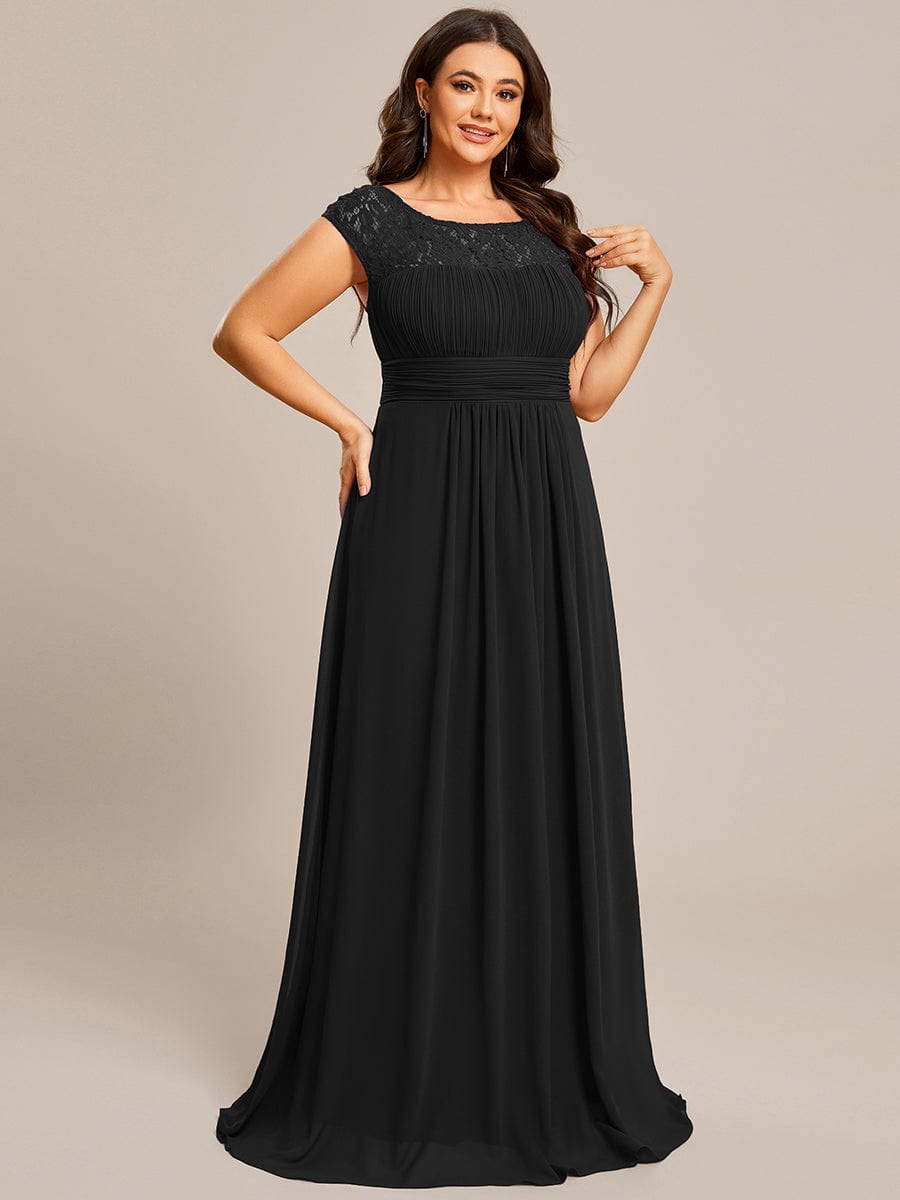 Plus Size Elegant Lace Chiffon Maxi Bridesmaid Dress #Color_Black