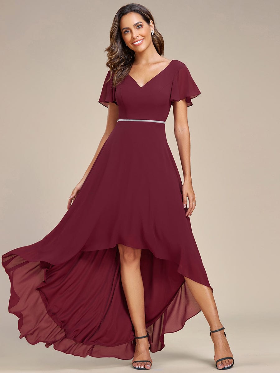 Chiffon Ruffle Sleeves V-Neck Bridesmaid Dress with High-Low Hemline #Color_Burgundy