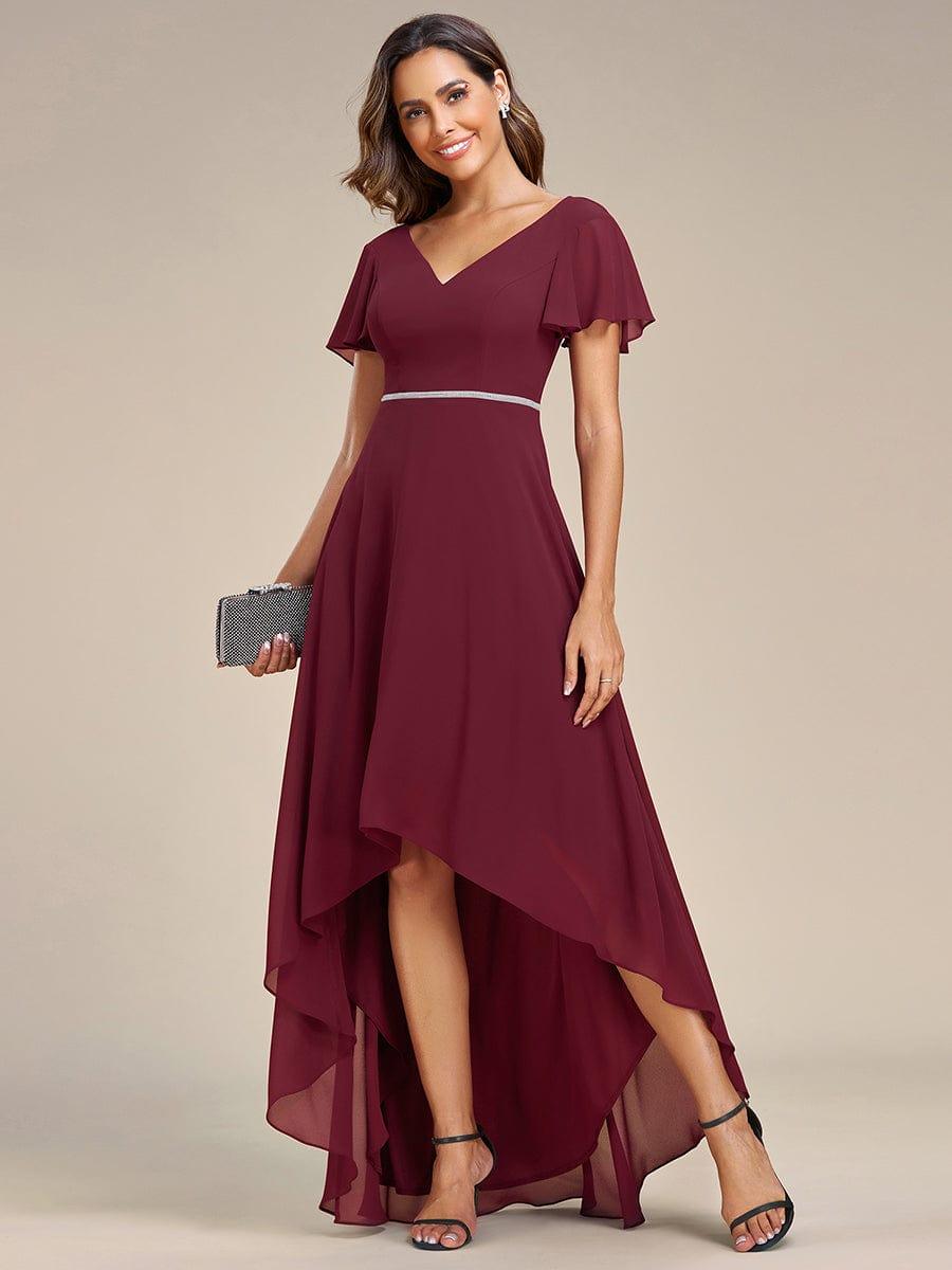 Chiffon Ruffle Sleeves V-Neck Bridesmaid Dress with High-Low Hemline