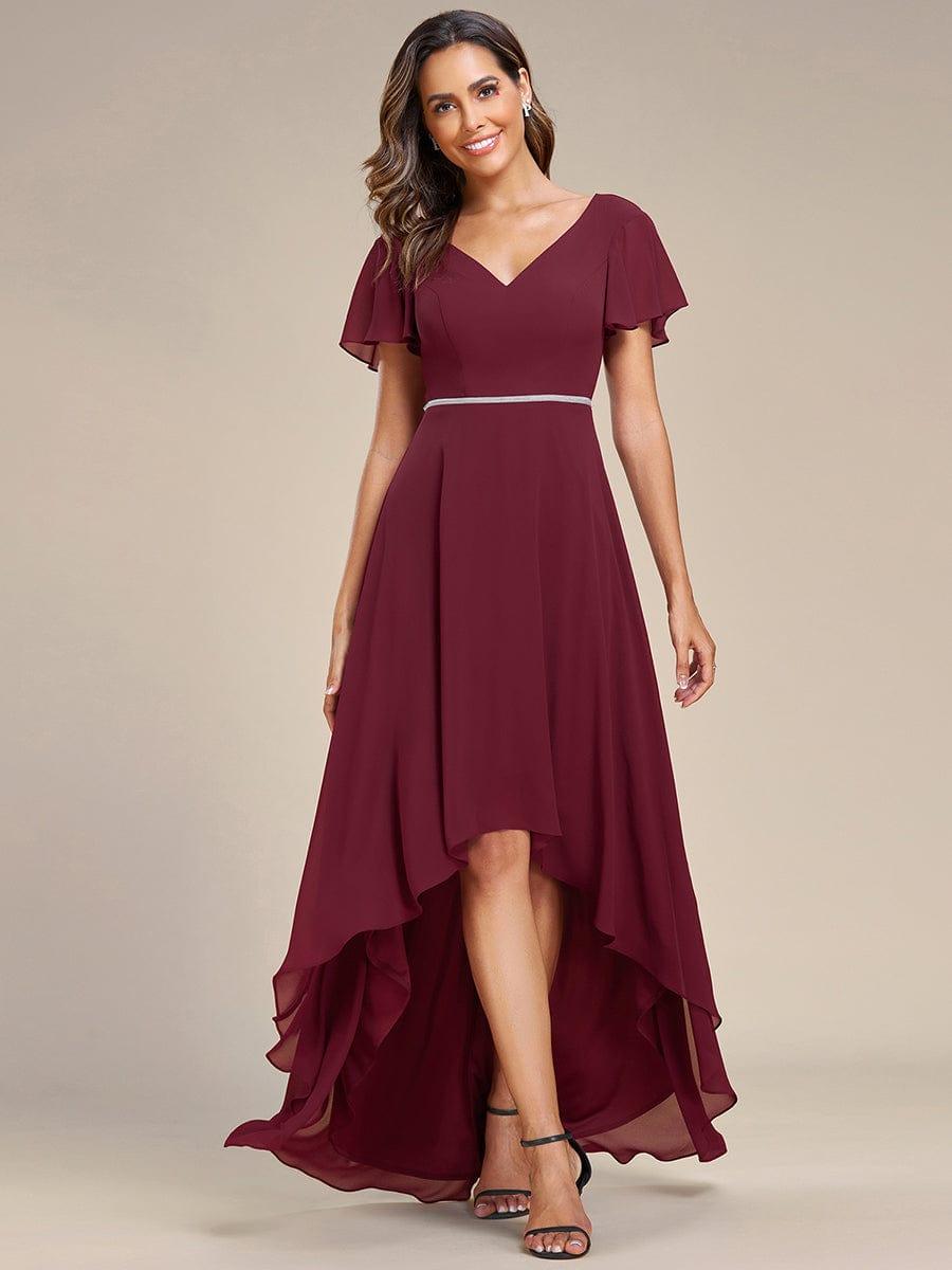 Chiffon Ruffle Sleeves V-Neck Bridesmaid Dress with High-Low Hemline