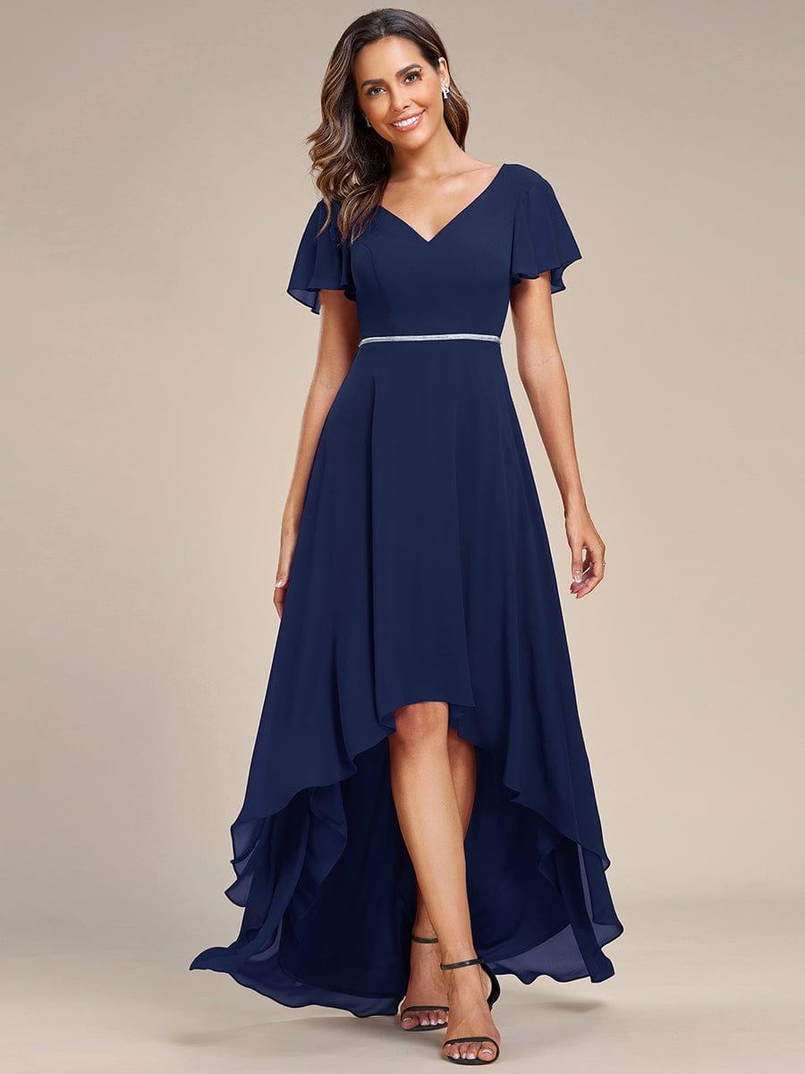 Chiffon Ruffle Sleeves V-Neck Bridesmaid Dress with High-Low Hemline