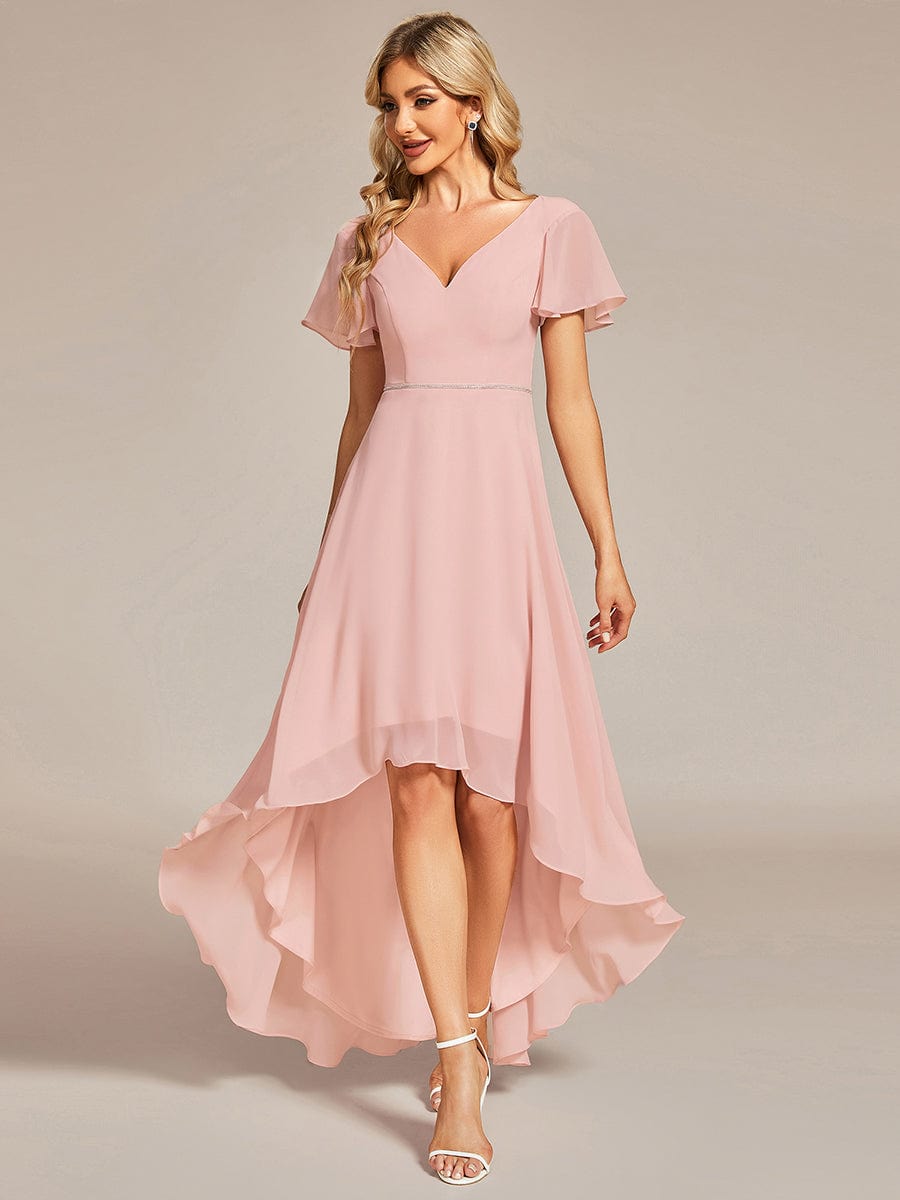 Chiffon Ruffle Sleeves V-Neck Bridesmaid Dress with High-Low Hemline #Color_Pink