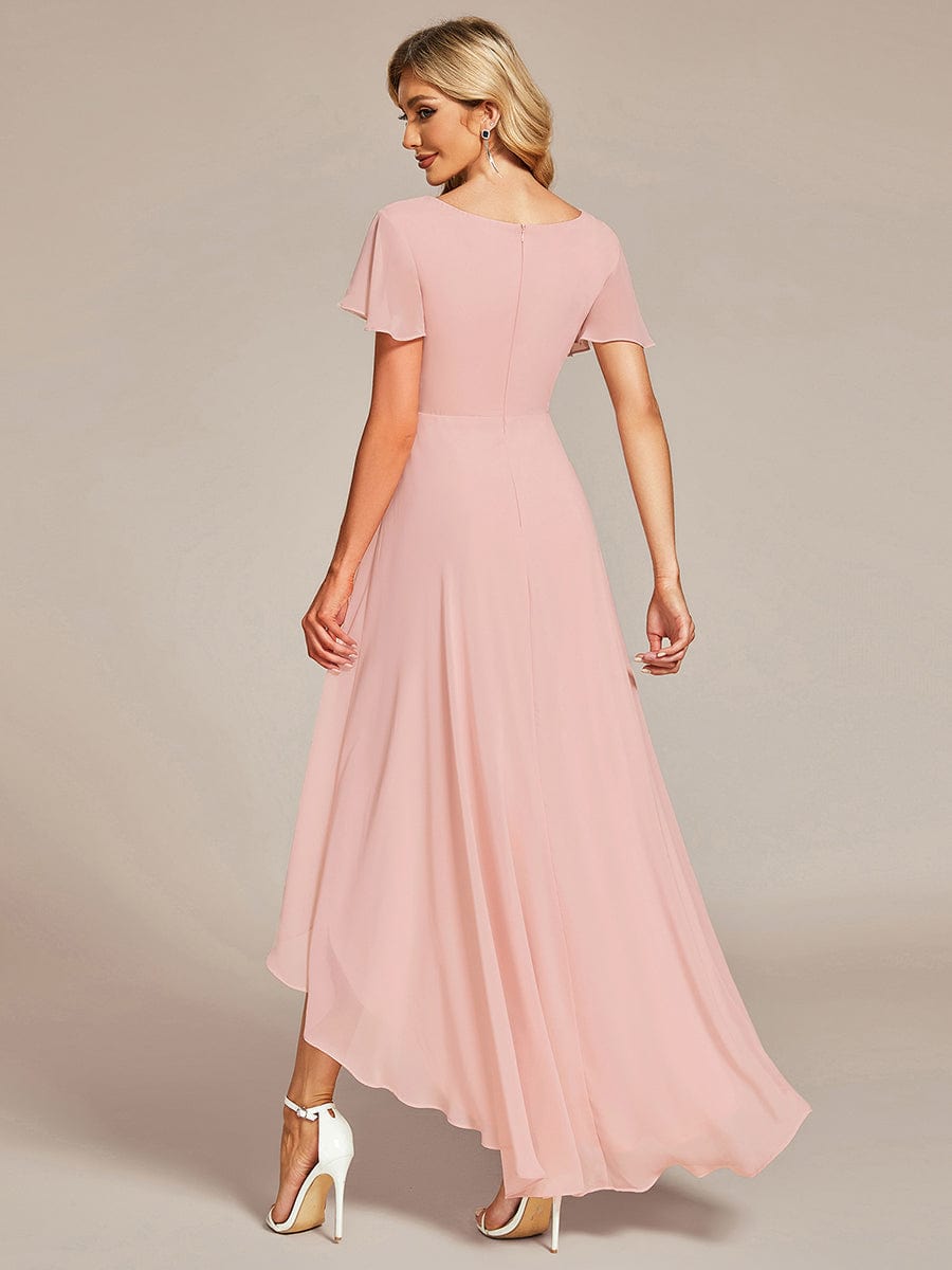 Chiffon Ruffle Sleeves V-Neck Bridesmaid Dress with High-Low Hemline #Color_Pink