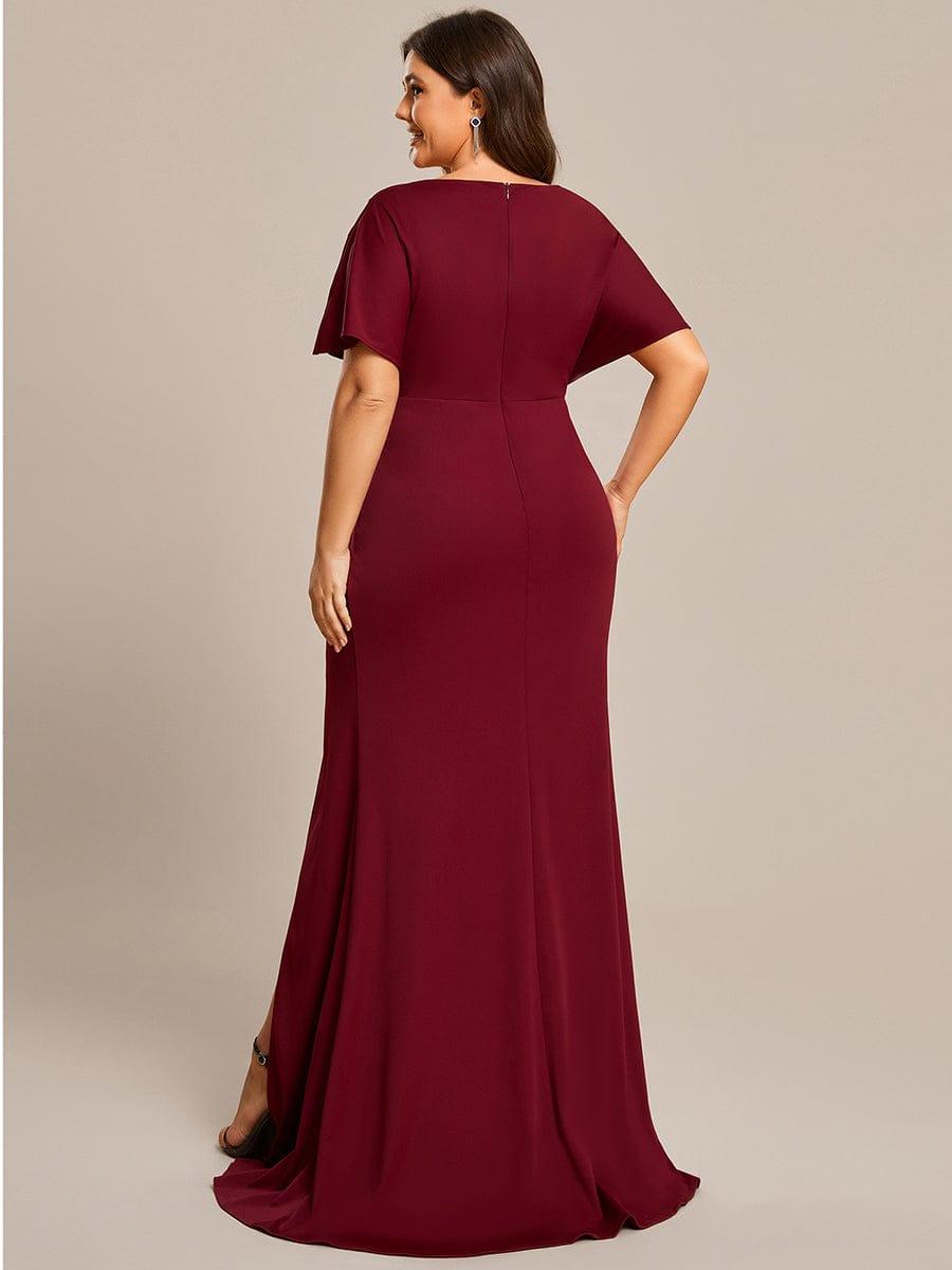 Plus Size Sequin Sleeve High Split Evening Dress with Pleated #color_Burgundy