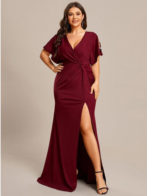 Plus Size Sequin Sleeve High Split Evening Dress with Pleated