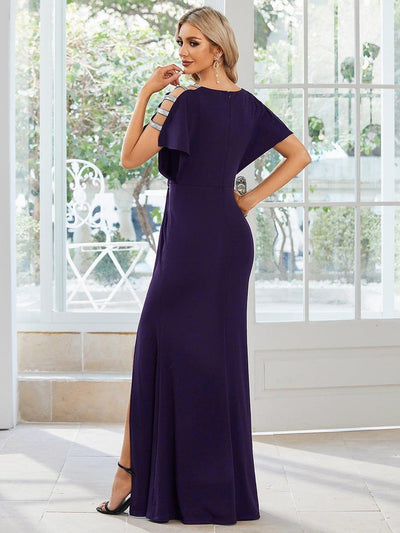 High Split Hollow Out Sleeve V-Neck Evening Dress #color_Dark Purple