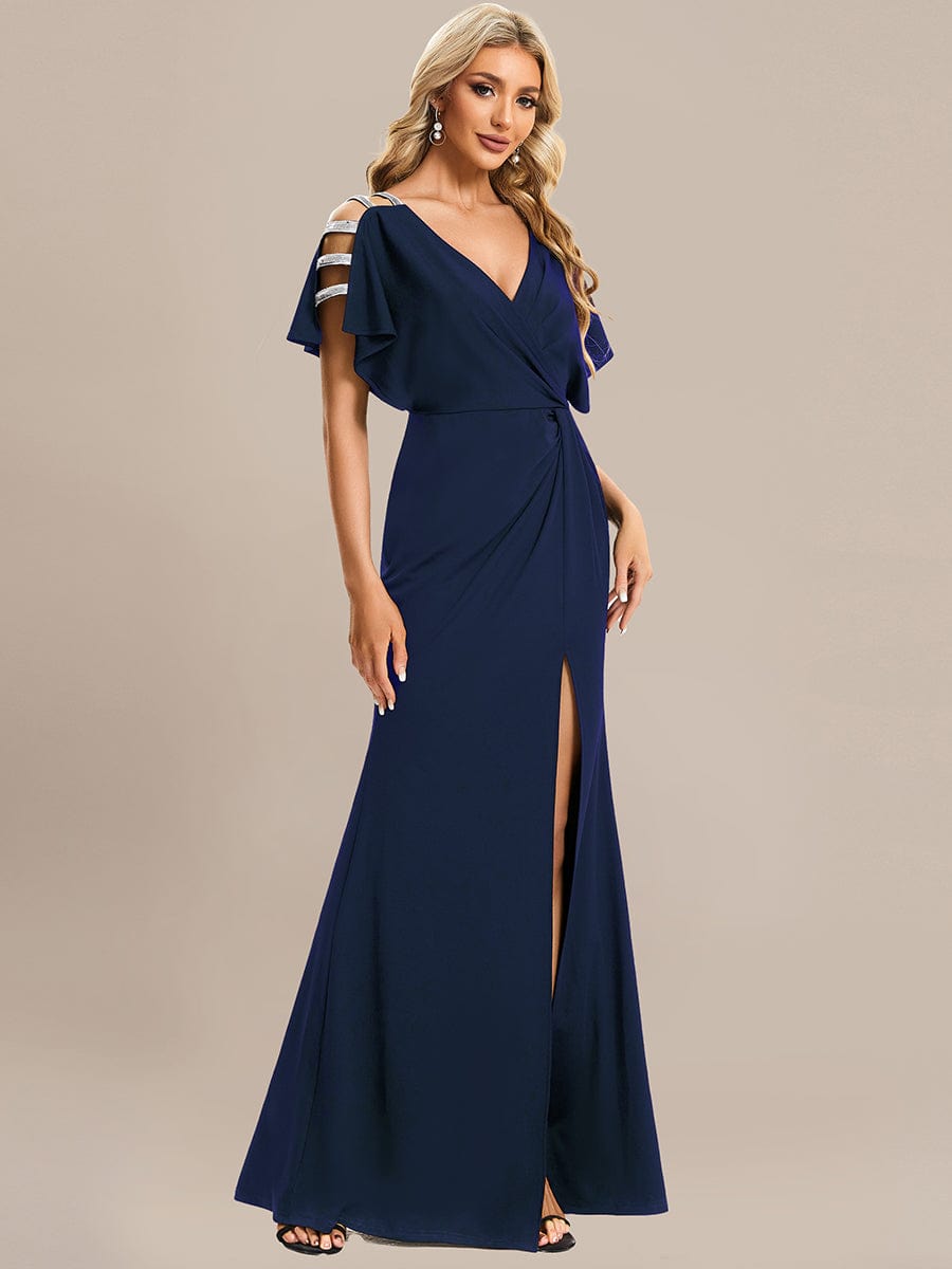High Split Hollow Out Sleeve V-Neck Evening Dress #color_Navy Blue