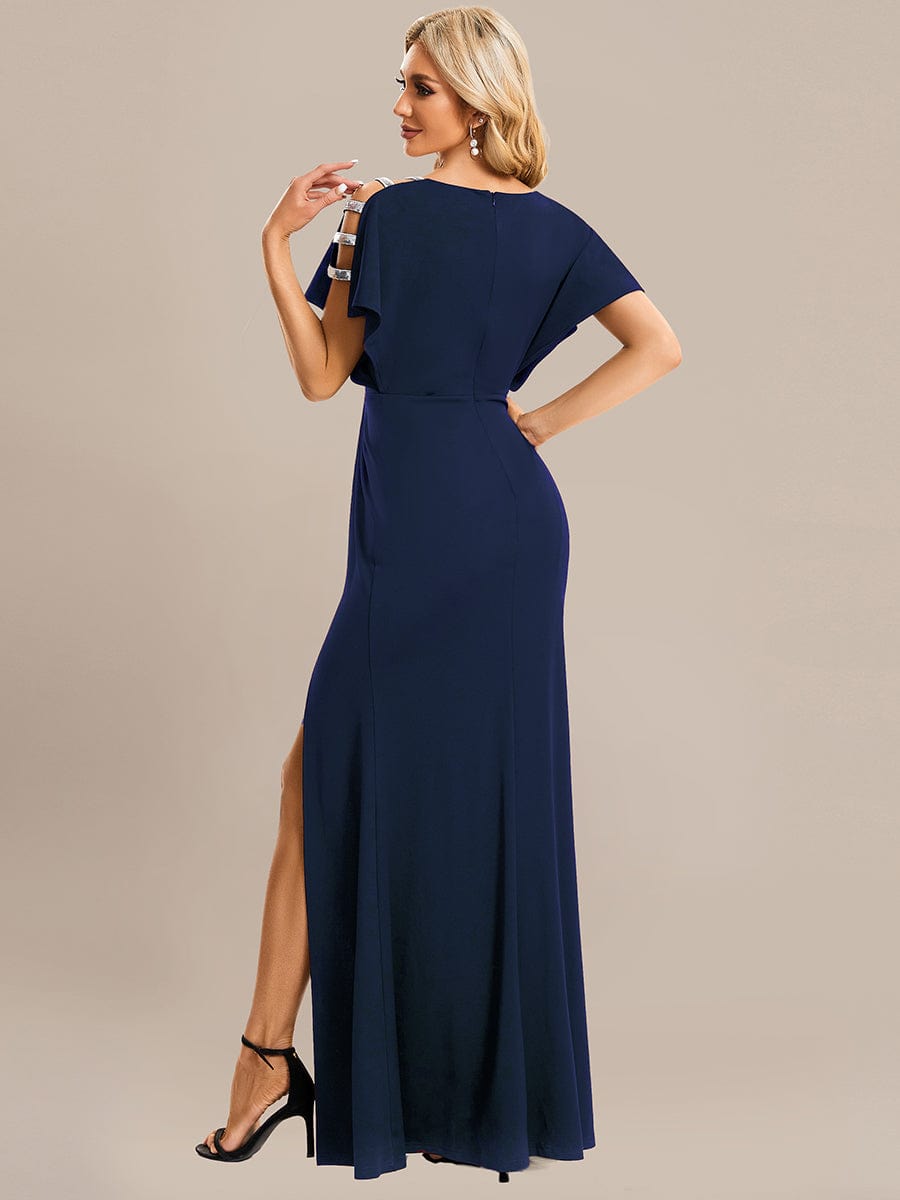 High Split Hollow Out Sleeve V-Neck Evening Dress #color_Navy Blue