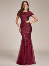 Sequin Bodycon Round Neckline Mermaid Evening Dress #color_Burgundy