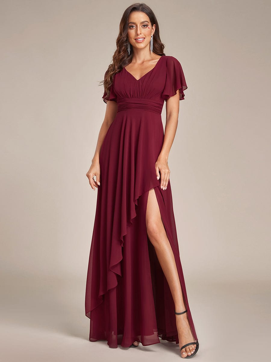 Ruffles Sleeve High Split Chiffon Evening Dress #color_Burgundy