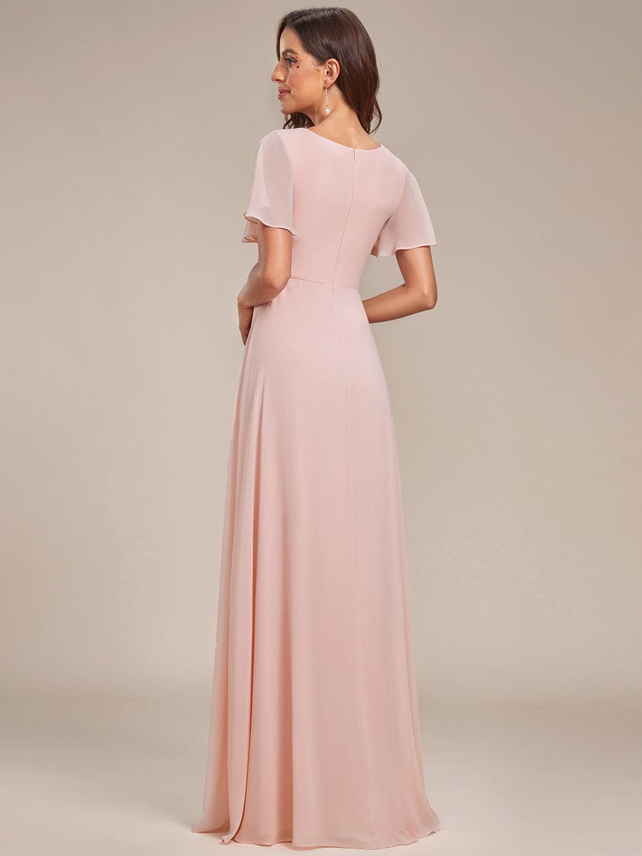 Ruffles Sleeve High Split Chiffon Evening Dress #color_Pink