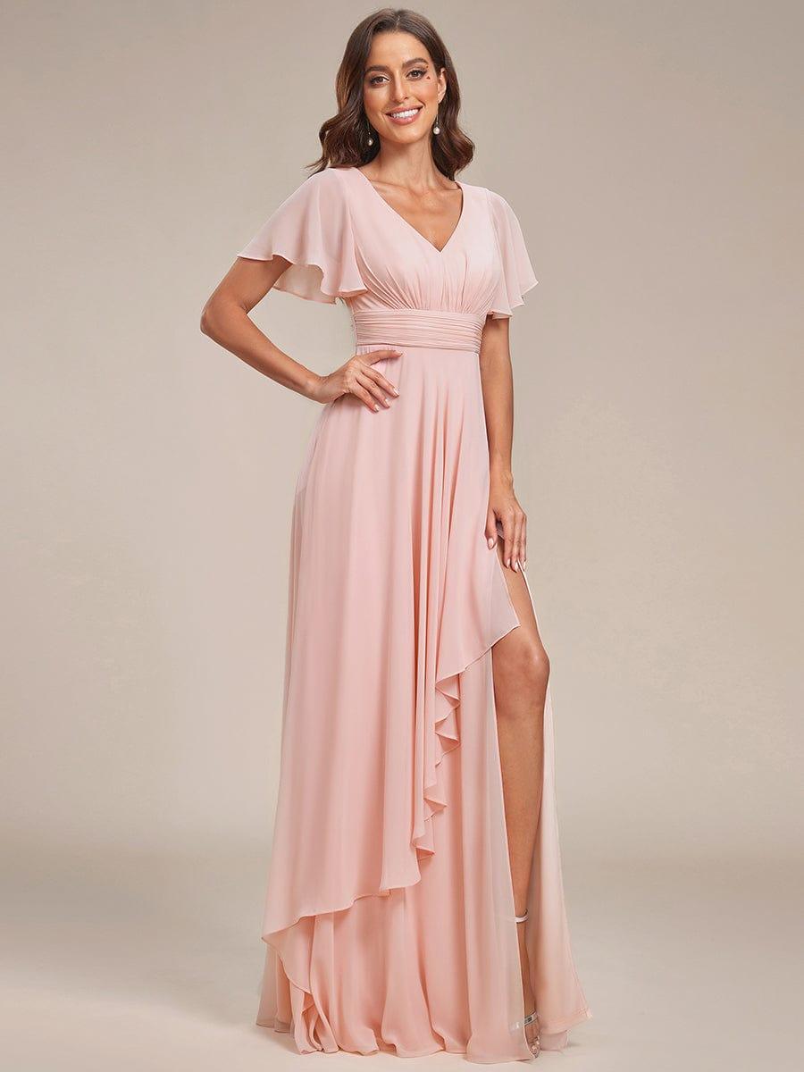 Ruffles Sleeve High Split Chiffon Evening Dress