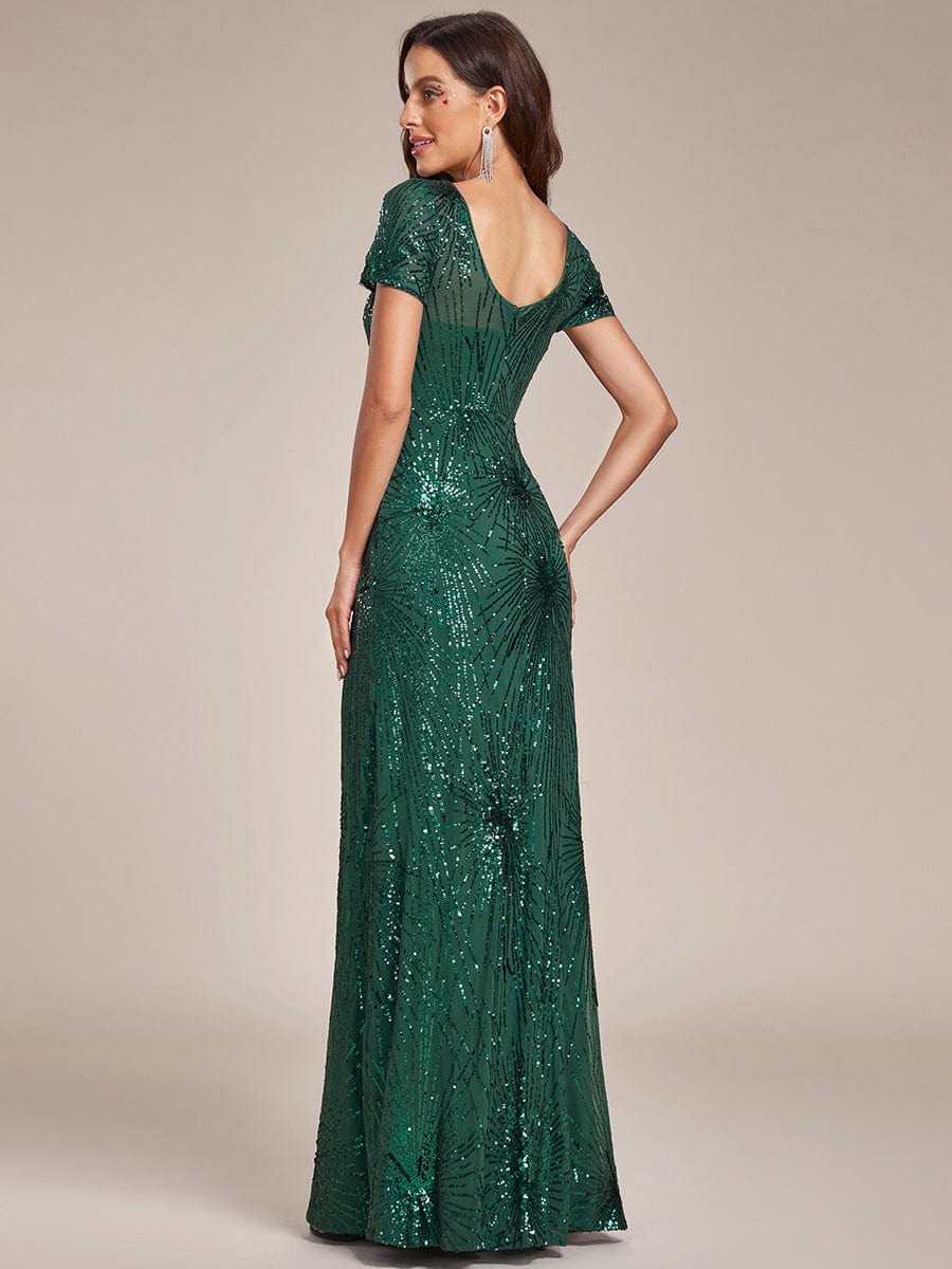 Sparkling Sequins Short-Sleeves Backless Bodycon Evening Dress #color_Dark Green