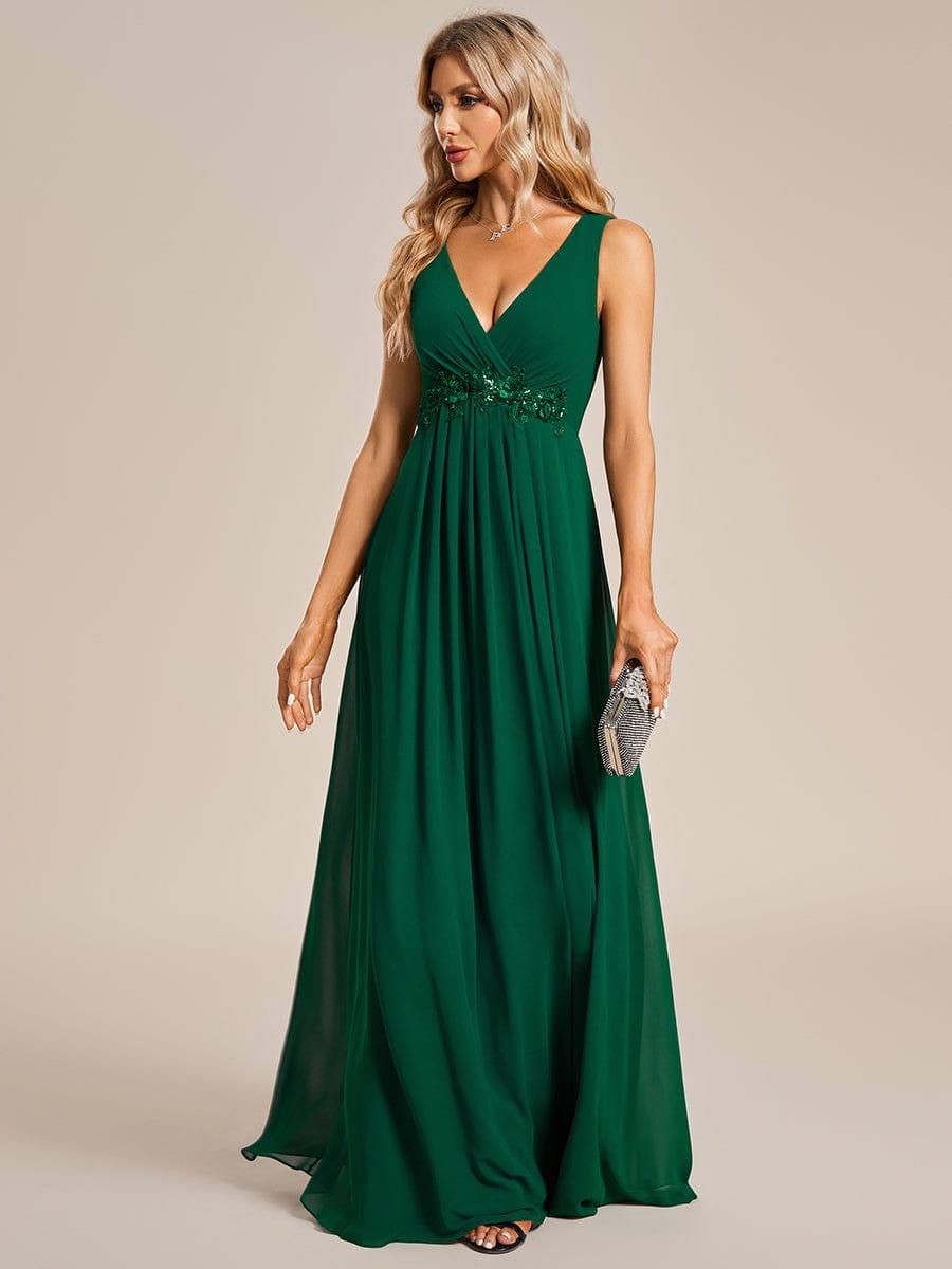 V-Neck Sleeveless A-Line Evening Dress with Appliques #color_Dark Green