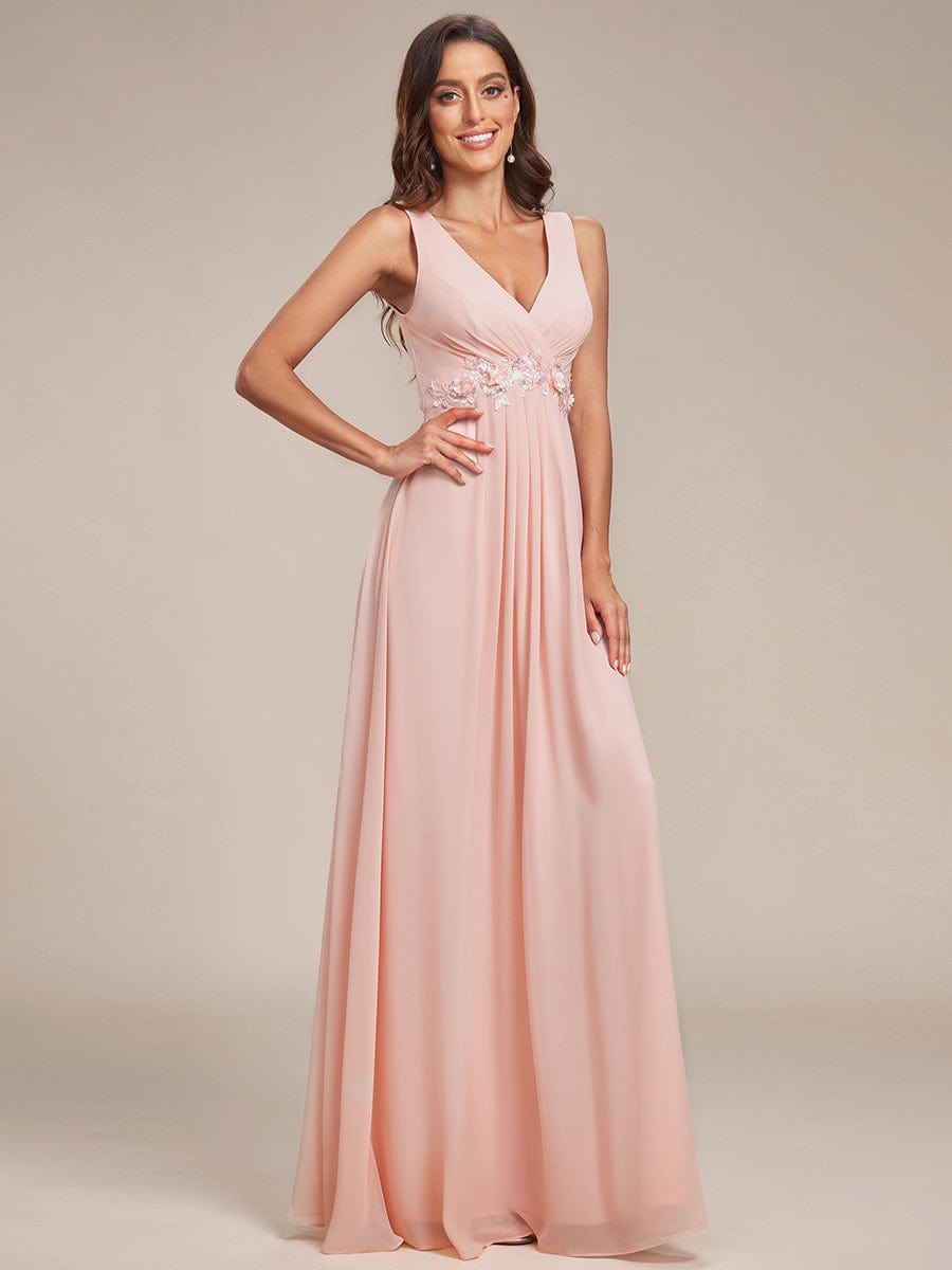 V-Neck Sleeveless A-Line Evening Dress with Appliques #color_Pink