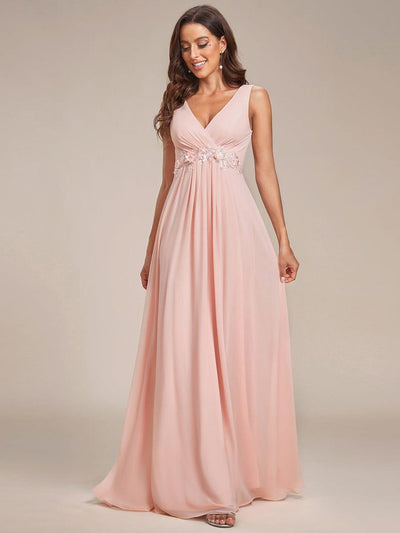 V-Neck Sleeveless A-Line Evening Dress with Appliques #color_Pink