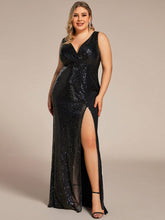 Plus Size High Split Dazzling Sequin Deep V-Neck Evening Dress #color_Black