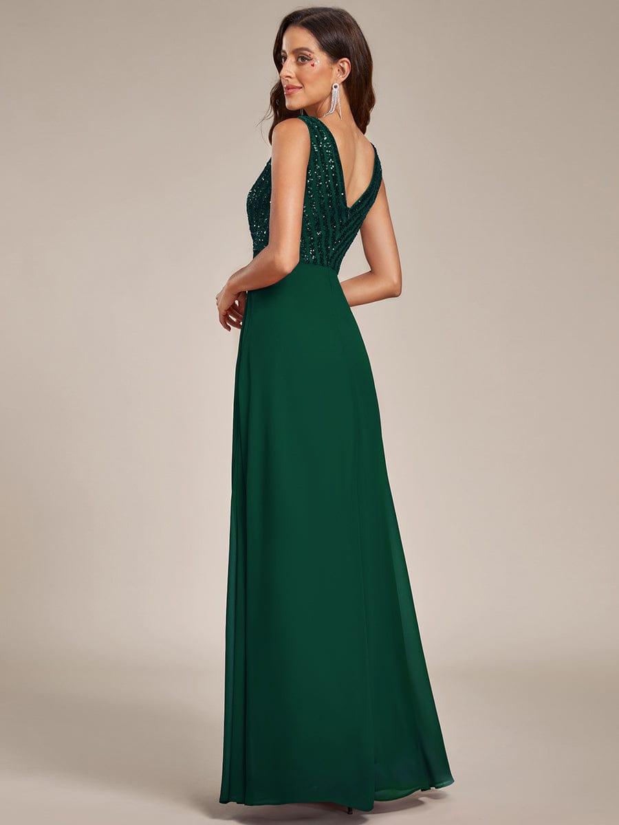 Sparkling Sequin V-Neck A-Line Evening Dress #color_Dark Green