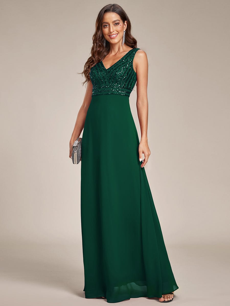 Sparkling Sequin V-Neck A-Line Evening Dress #color_Dark Green