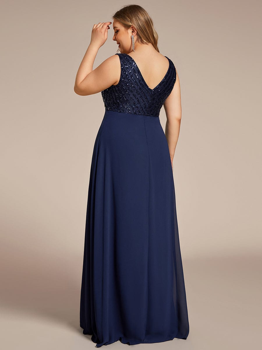 Plus Size Sequin Sleeveless Double V-Neck Formal Evening Dress #color_Navy Blue