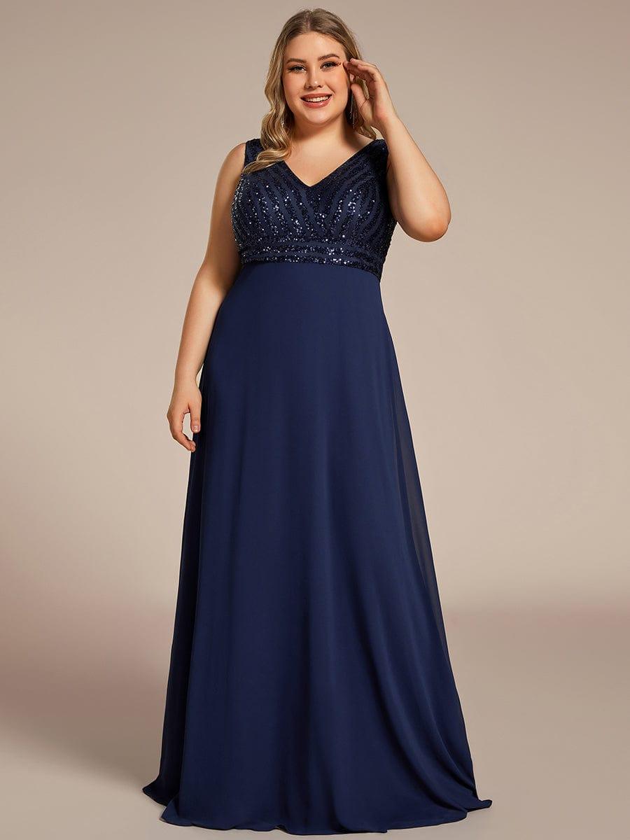 Plus Size Sequin Sleeveless Double V-Neck Formal Evening Dress