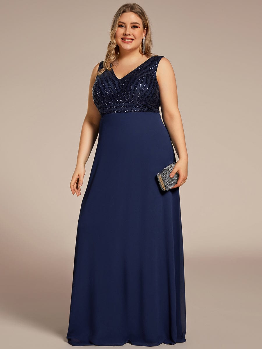 Plus Size Sequin Sleeveless Double V-Neck Formal Evening Dress #color_Navy Blue
