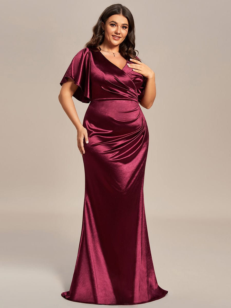 Plus Size Ruffles Sleeve High Stretch Satin Bodycon Evening Dress #color_Burgundy