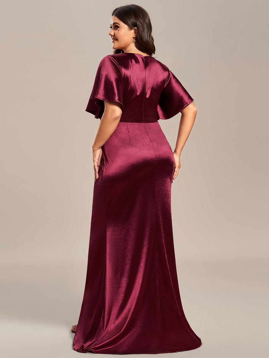 Plus Size Ruffles Sleeve High Stretch Satin Bodycon Evening Dress #color_Burgundy