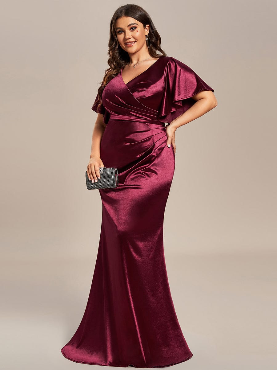 Plus Size Ruffles Sleeve High Stretch Satin Bodycon Evening Dress