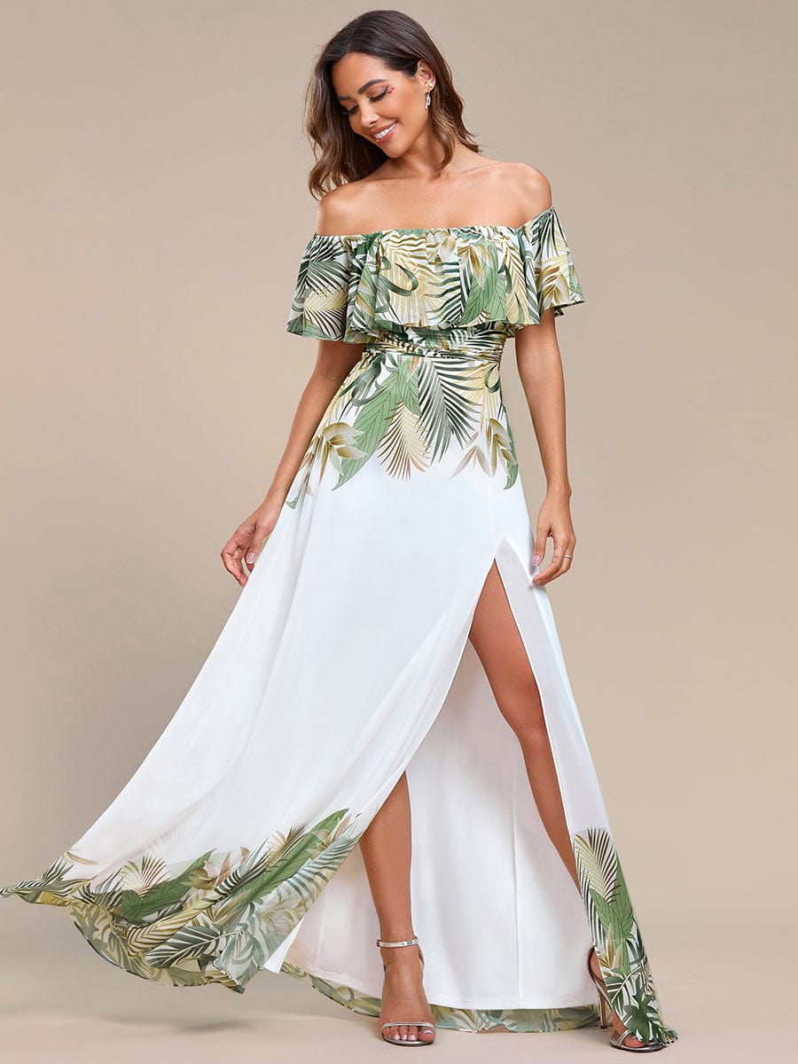 Bohemian Off the Shoulder Chiffon A-Line Summer Evening Dress #color_White Green