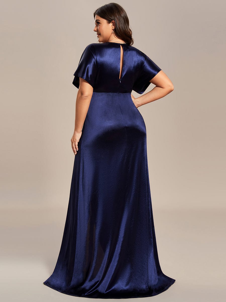 Plus Size High Slit Short Sleeves Satin Evening Dress #color_Navy Blue