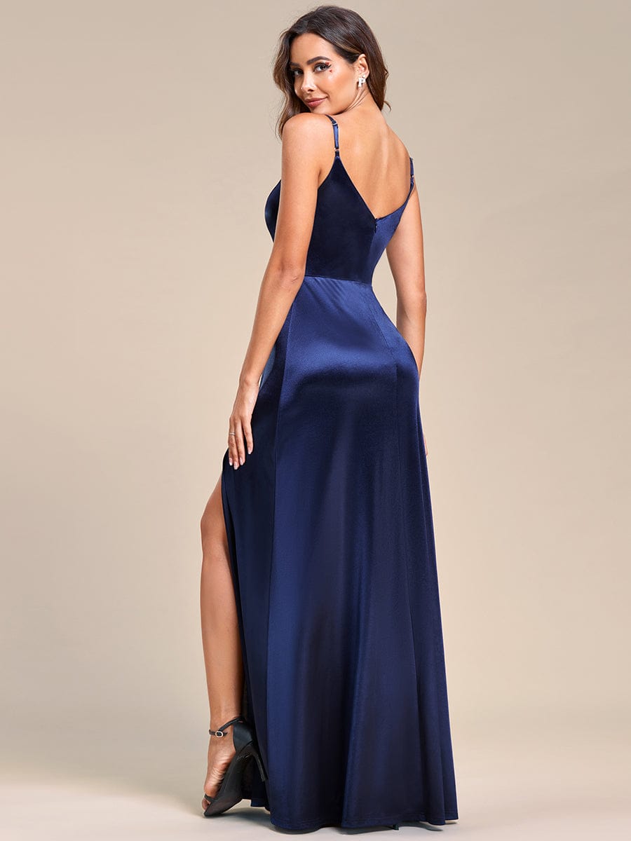Spaghetti Straps V-Neck Sleeveless Satin High Side Slit Evening Dress #color_Navy Blue
