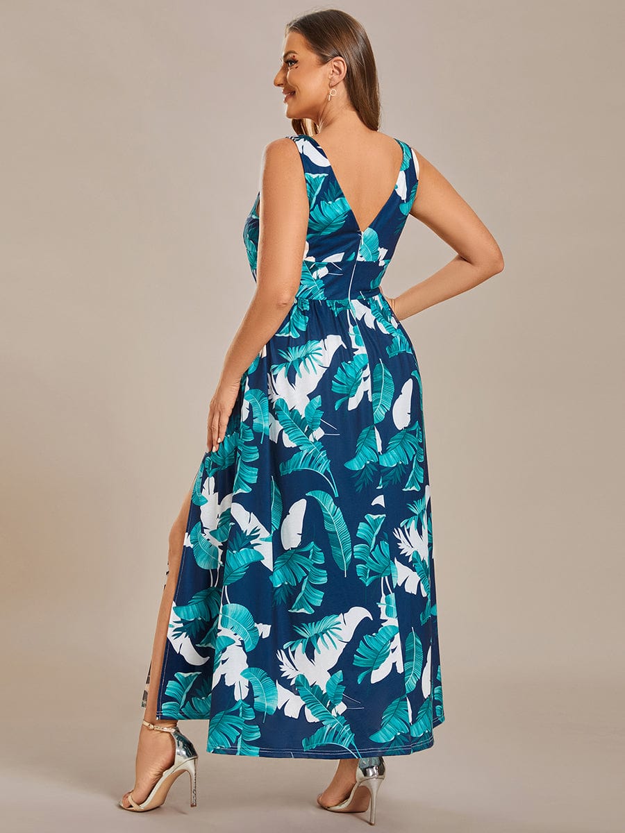 Plus Size Elegant V-Neck High Slit Printing Summer Evening Dress #color_Navy Green