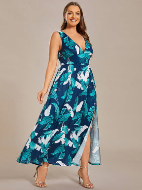 Plus Size Elegant V-Neck High Slit Printing Summer Evening Dress