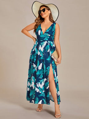 Plus Size Elegant V-Neck High Slit Printing Summer Evening Dress