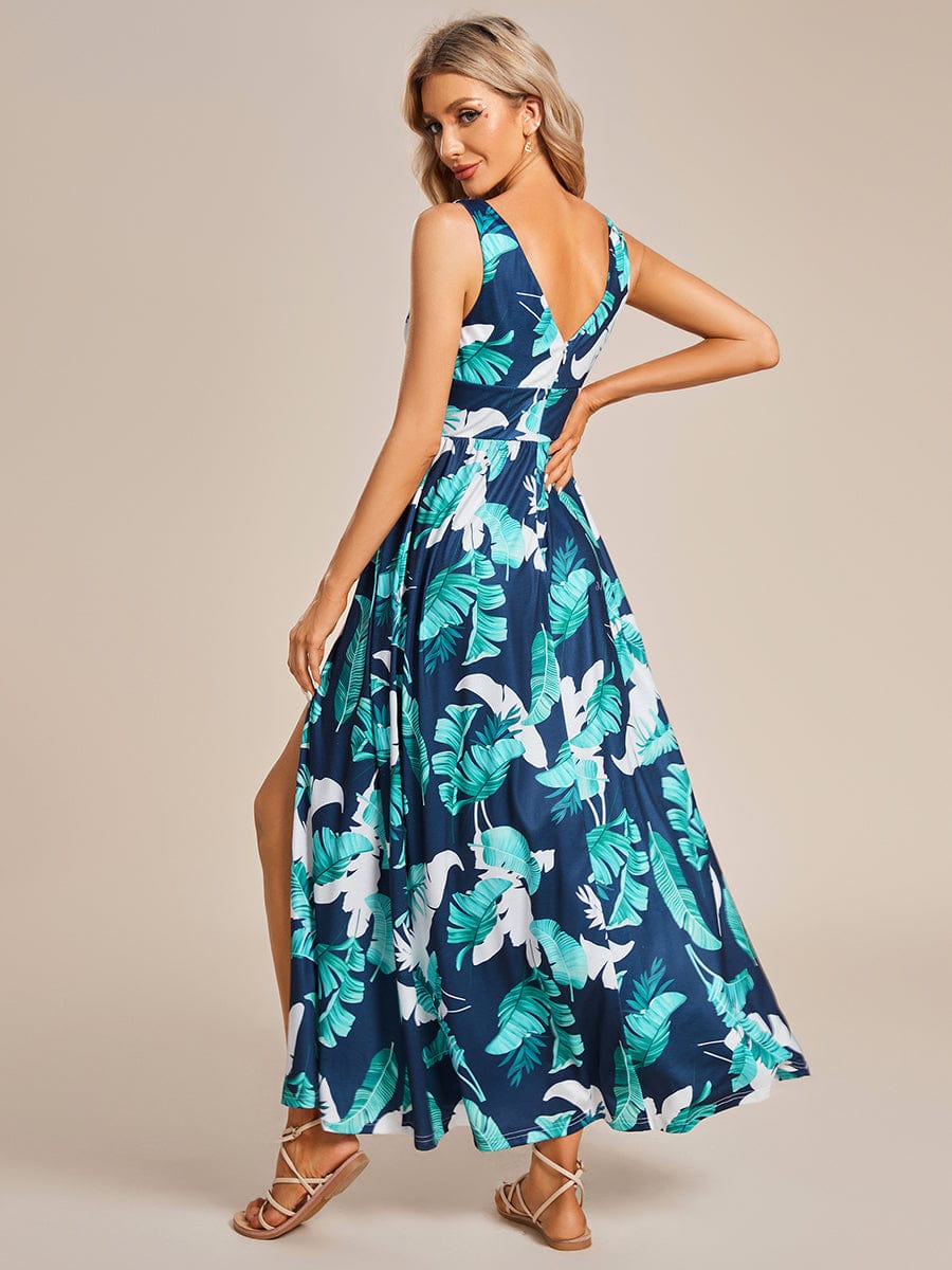 Elegant V-Neck High Slit Printing Summer Evening Dress #color_Navy Green