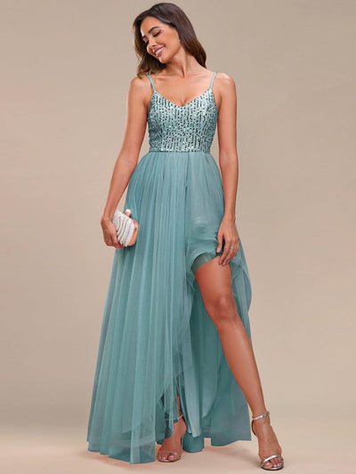 Glamorous Sleeveless Sequin High Low Evening Dress #color_Light Teal