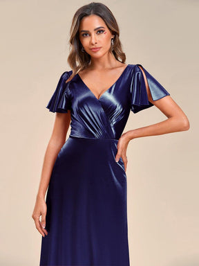V Neck Ruffled Sleeves Satin Evening Dress