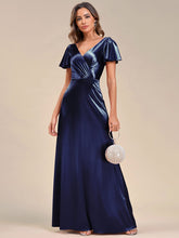 V Neck Ruffled Sleeves Satin Evening Dress #color_Navy Blue