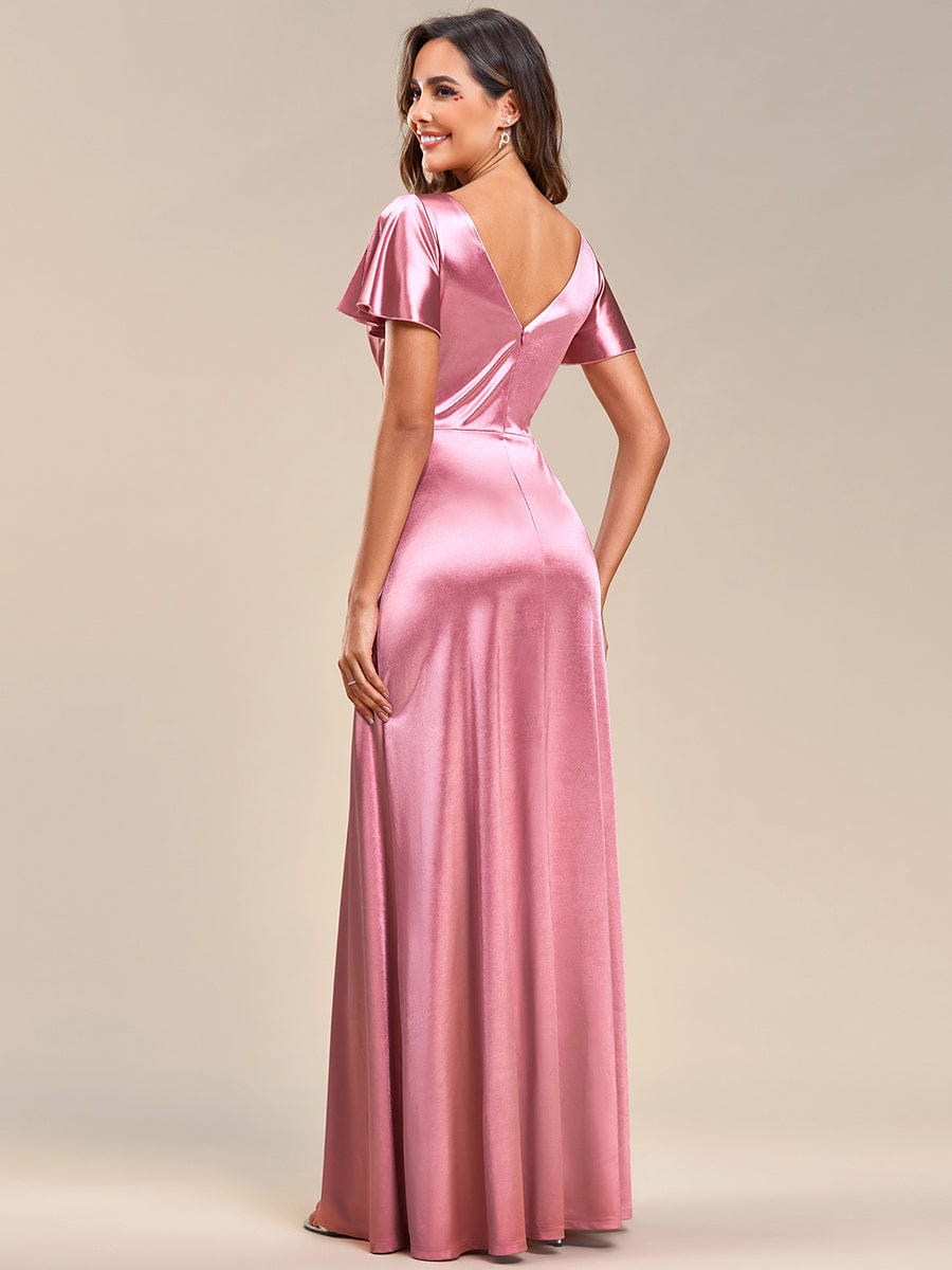 Elegant Ruffles Sleeve A-Line Satin V-Neck Evening Dress #color_Purple Orchid