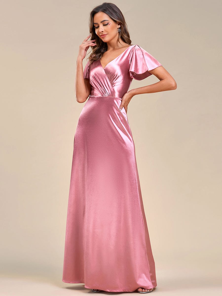 Elegant Ruffles Sleeve A-Line Satin V-Neck Evening Dress