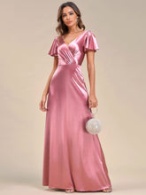 Elegant Ruffles Sleeve A-Line Satin V-Neck Evening Dress #color_Purple Orchid