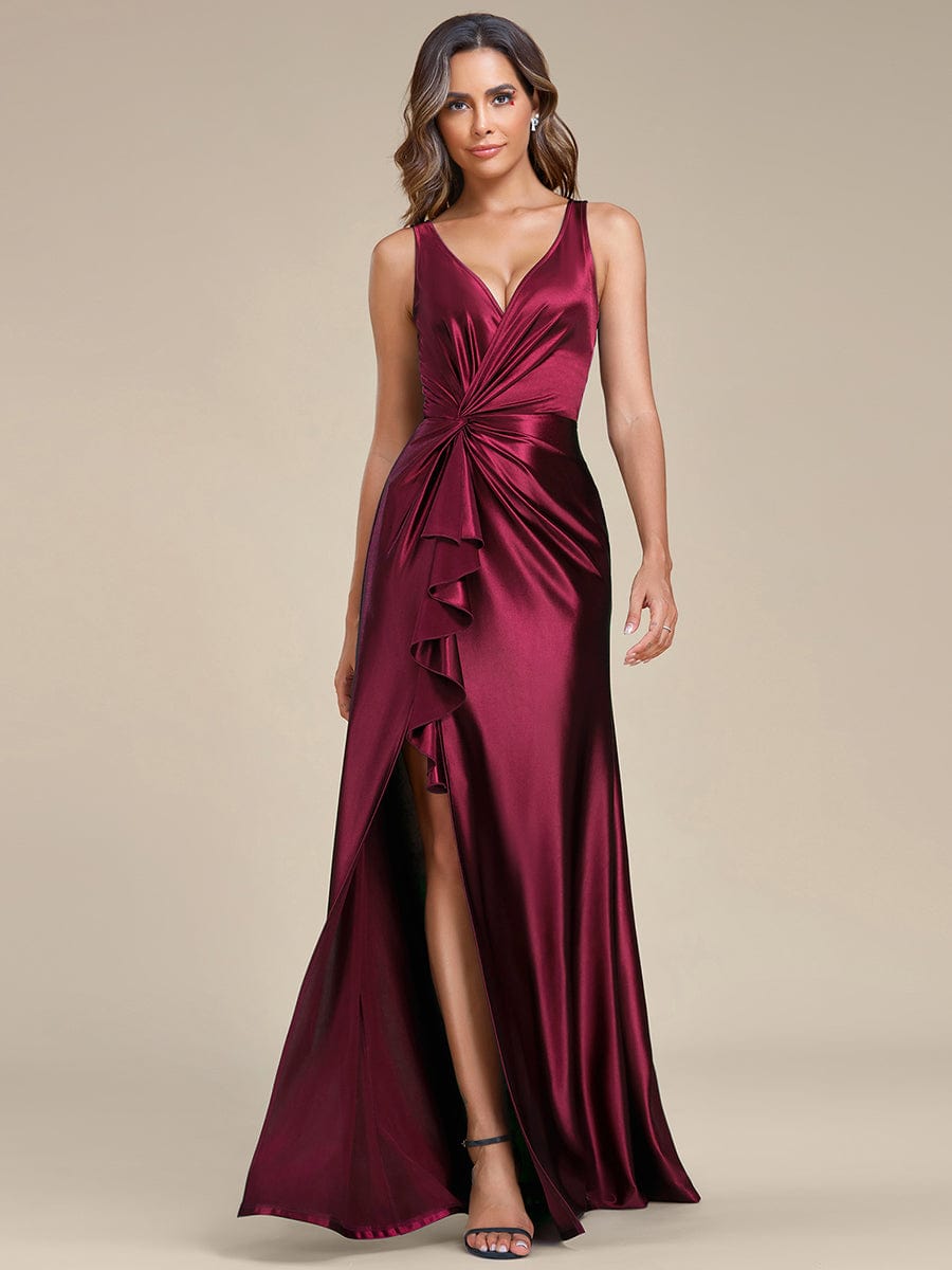 Elegant V Neck Pleated High Slit Satin Evening Dress #color_Burgundy