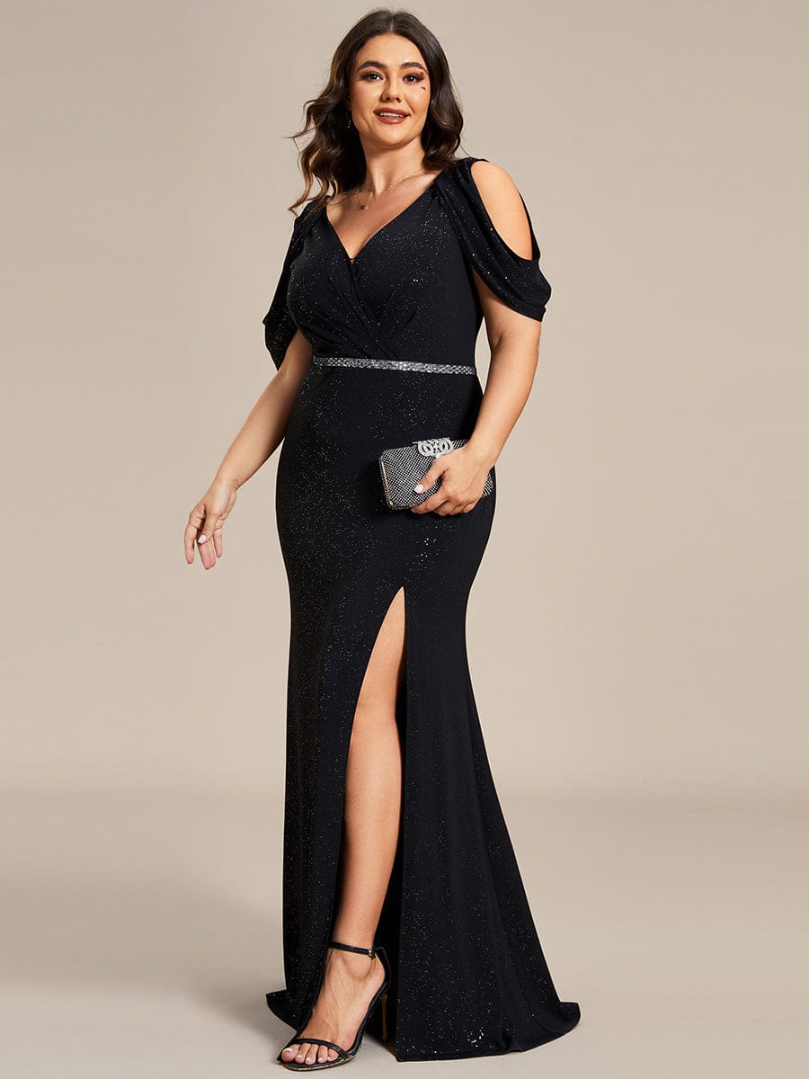 Plus Size Sparkly Glitter Cold Shoulder Shiny Belt Backless Evening Dress #color_Black