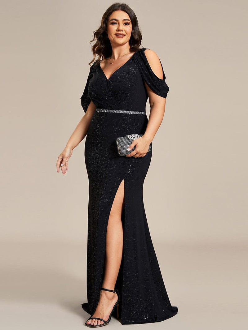 Lindas W1060 Off the Shoulder V-Neck Iridescent Glitter Two Tone Plus Size Dress