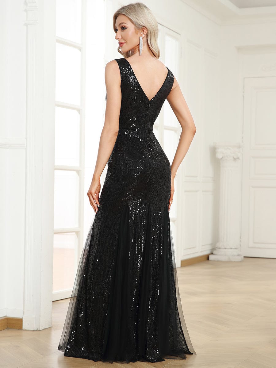 Sleeveless Bodycon Asymmetrical Hem Sequin Evening Dress #color_Black