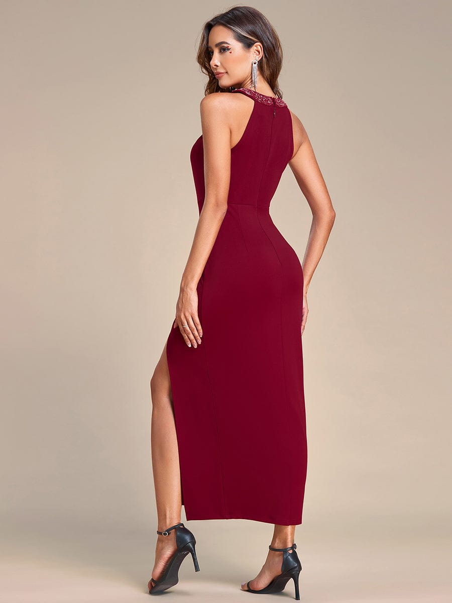 Sleeveless Halter Neck High Slit Stretch Evening Dress with Sequin #color_Burgundy