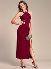 Sleeveless Halter Neck High Slit Stretch Evening Dress with Sequin #color_Burgundy