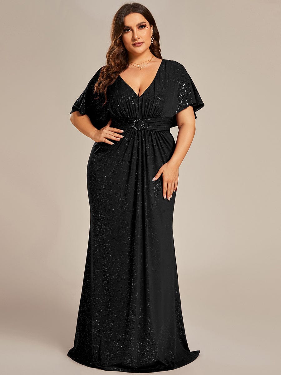 Elegant Plus Size Glitter Bat-Wing Sleeve Mermaid Evening Dress #color_Black