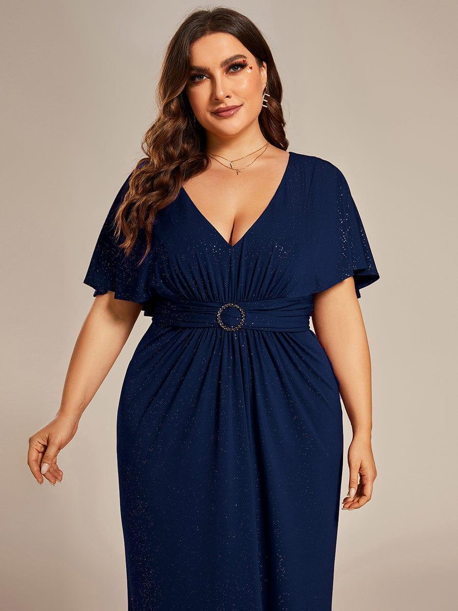 Elegant Plus Size Glitter Bat-Wing Sleeve Mermaid Evening Dress #color_Navy Blue